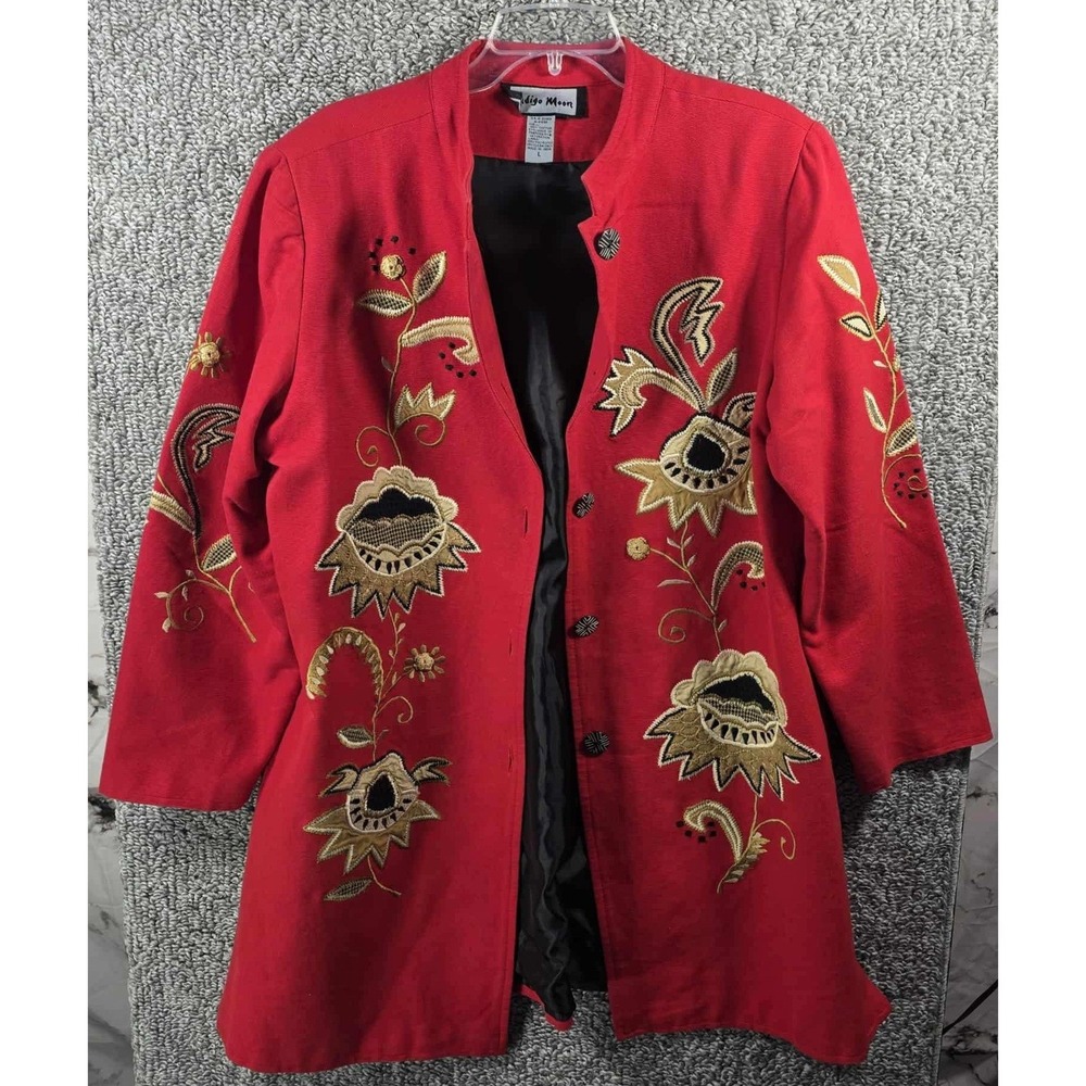Indigo Moon Jacket Embroidered Floral Cotton Red Mandarin Collar Womens Large‎